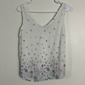 So Floral Tank Top White Purple Gray Sleeveless Casual Women's Size S